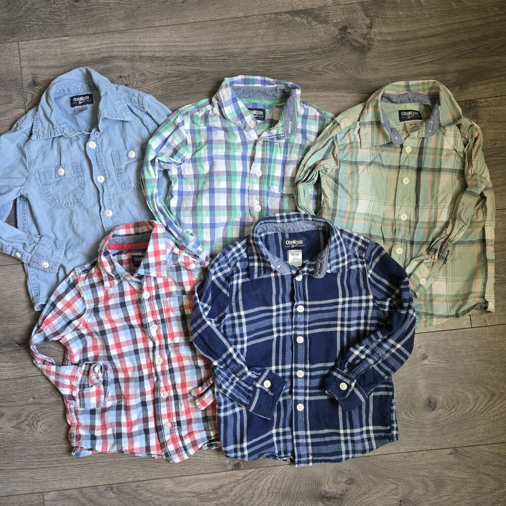 OshKosh B'gosh Toddler Boys 3T Plaid Button Down Shirt Lot 100% Cotton Chambray
